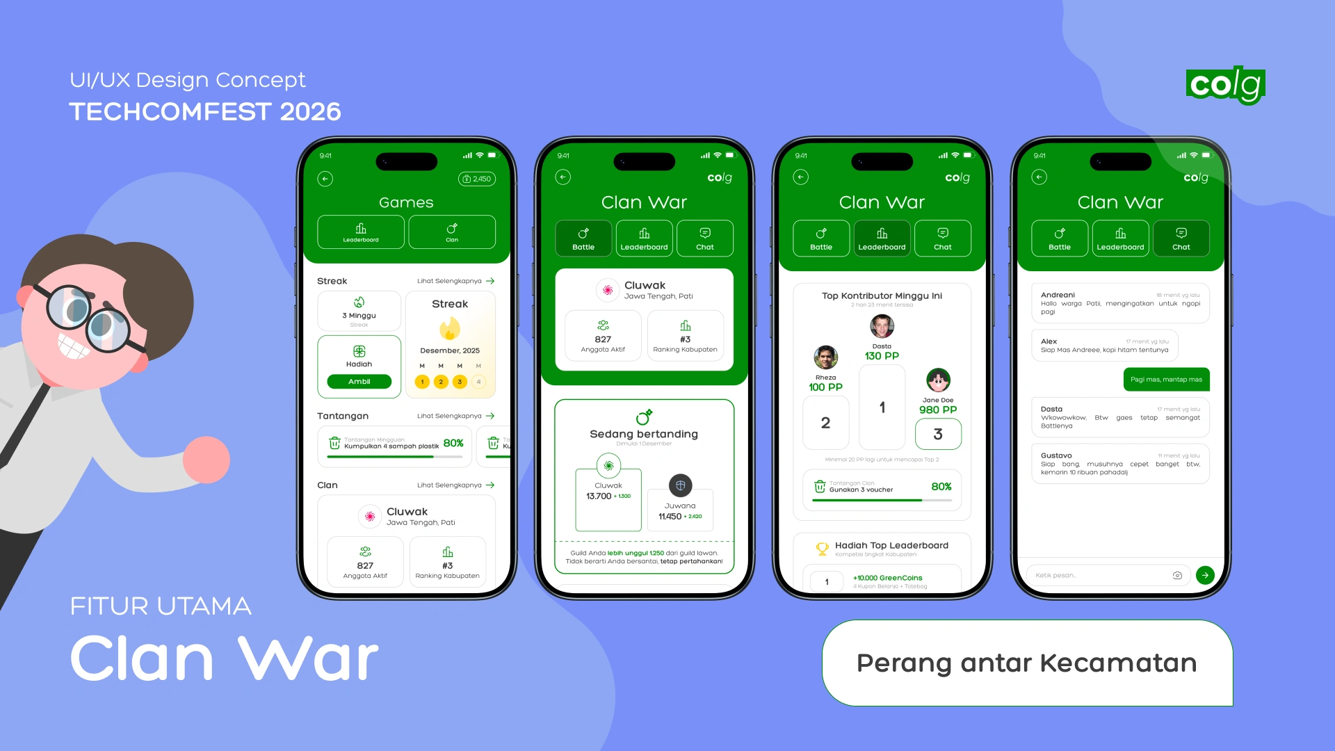 Clan War screens showing battle, leaderboard, and clan chat features